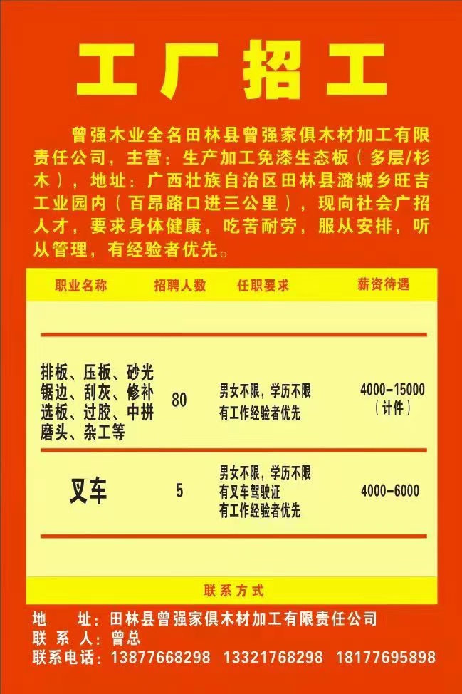 工厂招工
曾强家俱木材加工有限责任公司现向社会广招人才（具体看下图）， ... 工厂,招工,曾强,家俱,木材