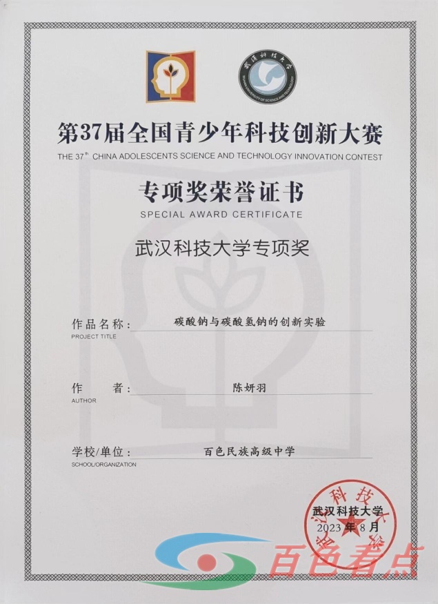 祝贺！百色民族高级中学学子在第37届全国青少年科技创新大赛中喜获佳绩 科技,青少年,作品,百色,创新成果