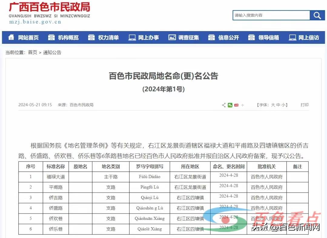 百色右江区这6条路巷有了新地名 