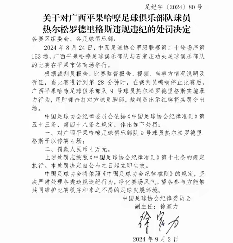 广西平果哈嘹外援罗德里格斯肘击对手，被足协禁赛4场、罚款4万 